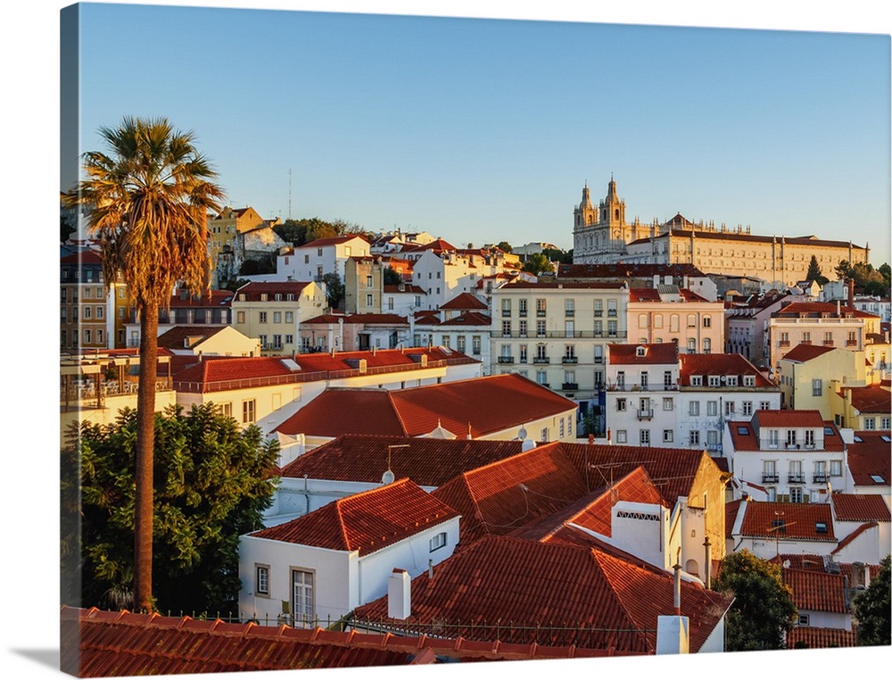 Portugal, Lisbon, Miradouro das Portas do Sol, View over Alfama Neighbourhood towards the Monastery of Sao Vicente de Fora...