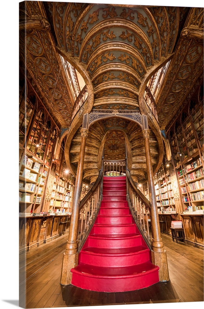Portugal, Norte region, Porto (Oporto). Lello Bookstore (Livraria Lello) and its famous forked staircase.