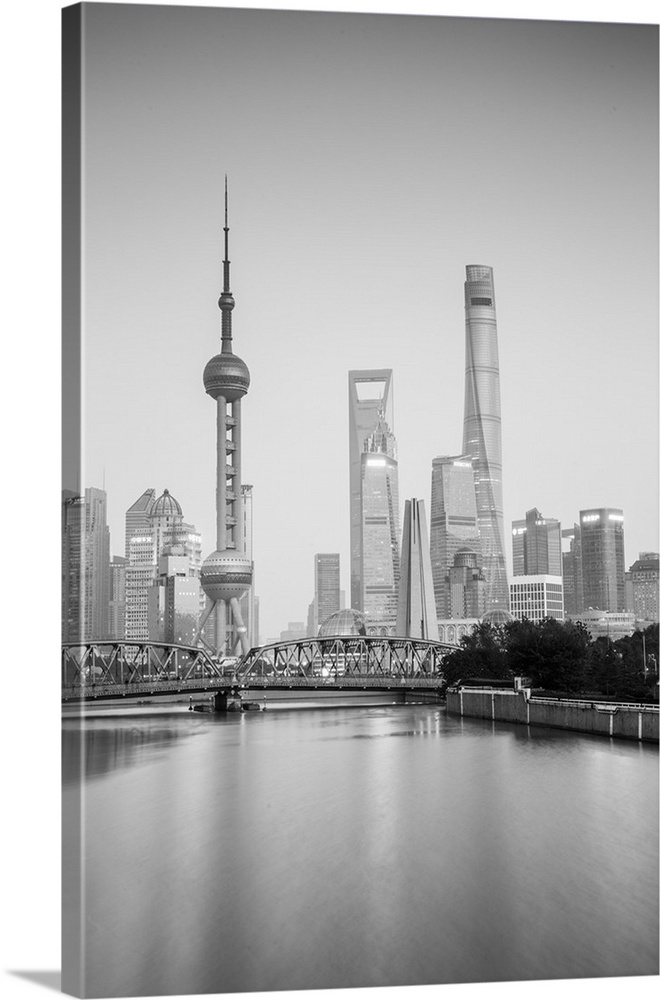 Pudong skyline across the Suzhou Creek and Waibaidu bridge, Shanghai, China.