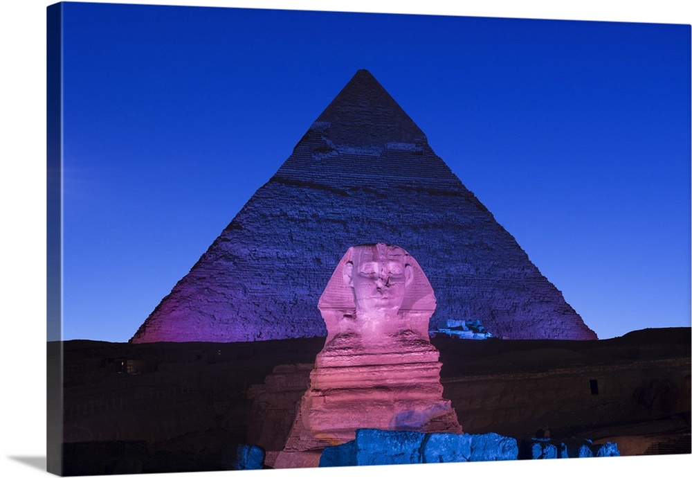 Pyramid of Khafre (Chephren) and the Sphinx at night, Giza, Cairo, Egypt.