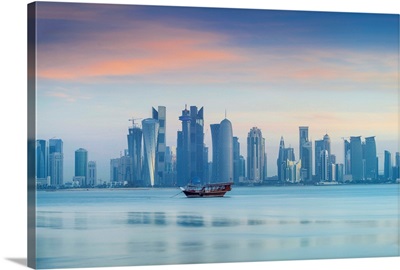 Qatar, Doha, looking across Doha Bay to skyscrapers of West Bay