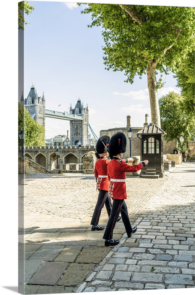 Queens Guards marching at the Tower of London, UNESCO World Heritage site, London, England, UK