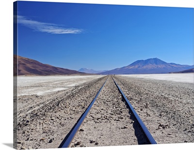 Railway going from Uyuni to Calamapassing through the Salar de Chiguana, Bolivia
