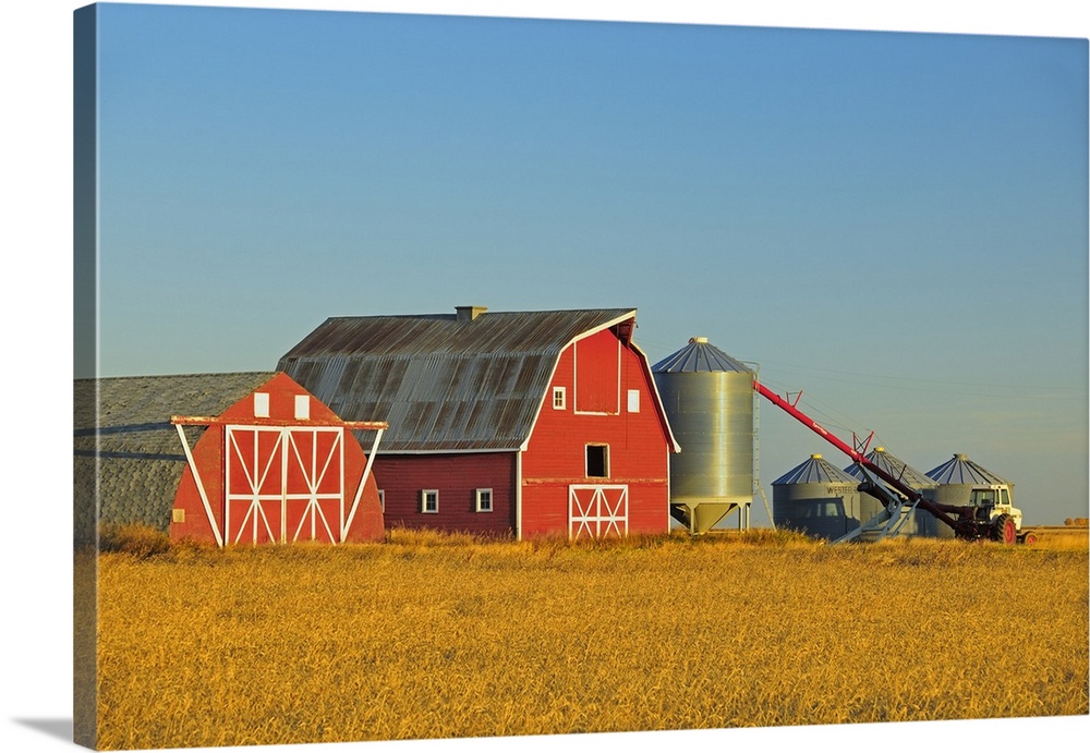 Red Barn, Grain Bins And Auger At Sunrise Near Moose Jaw, Saskatchewan, Canada