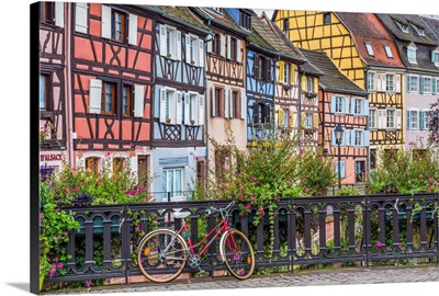Red Bike And Timbered Buildings, Colmer, Alsace, France