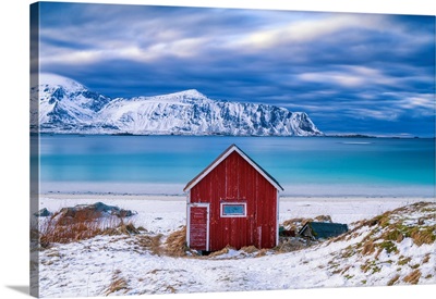 Red Cabin On Ramberg Beach, Lofoten Islands, Norway
