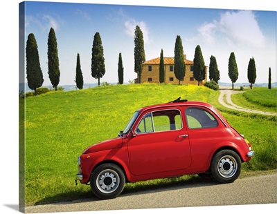 Red Vintage Fiat 500, Pienza, Val D'Orcia, Tuscany, UNESCO World Heritage Site, Italy