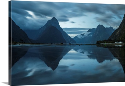 Reflection Of Milford Sound At Dusk In Summer, Fiordland NP, South Island, New Zealand