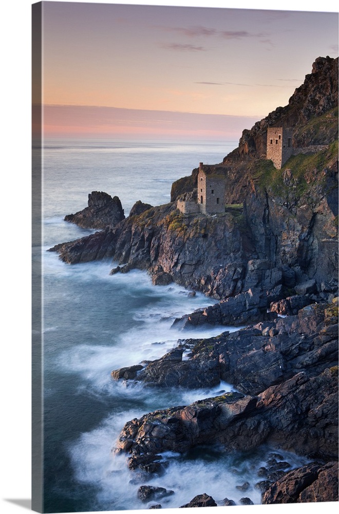 Remains of The Crowns tin mine engine houses on the Cornish Atlantic coast near Botallack, St Just, Cornwall, England. Spr...