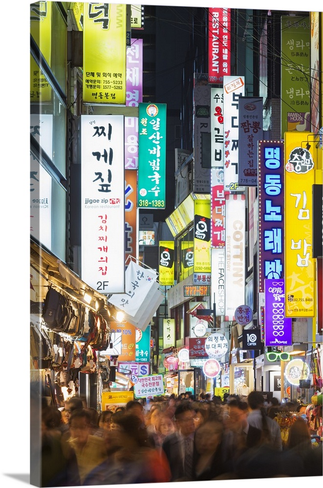 Asia, Republic of Korea, South Korea, Seoul, neon lit streets of Myeong-dong.