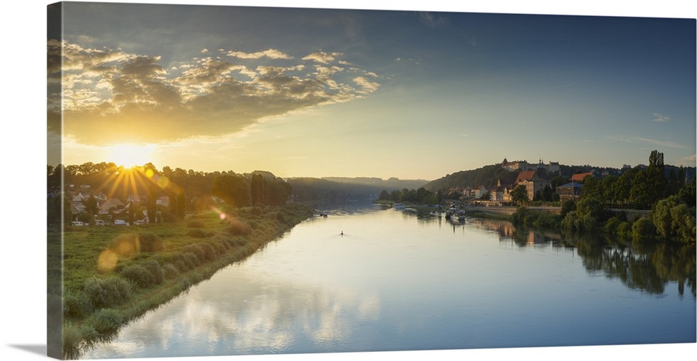View of River Elbe and Pirna at dawn, Saxony, Germany.