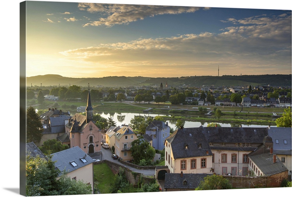 View of River Moselle and skyline at dawn, Trier, Rhineland-Palatinate, Germany.