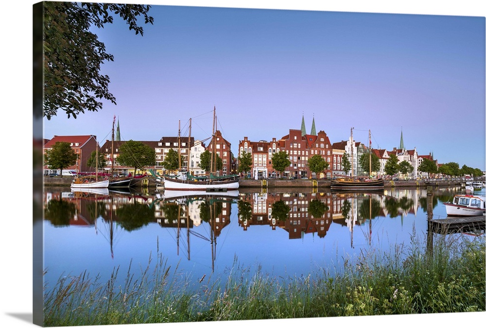 View over river Trave towards old town, Lubeck, Baltic coast, Schleswig-Holstein, Germany.