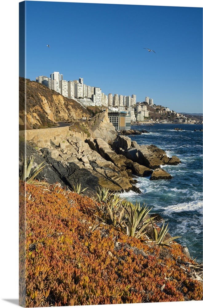 Rocky coastline by Roca Oceanica with distant view of residential high-rise buildings in Renaca, Concon, Valparaiso Provin...