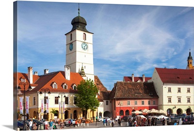 Romania, Transylvania, Sibiu, Piata Mica Square and Council Tower