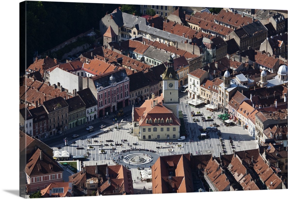 Romania, Transylvania. The regional capital, Brasov viewed from Tampa Mountain.