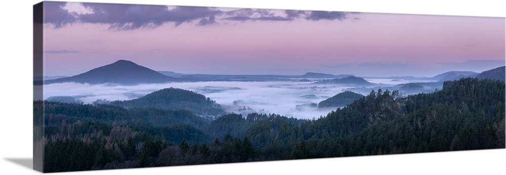 Ruzovsky vrch hill around fog and Jetrichovice at sunrise, Rynartice, Jetrichovice, Okres Decin, Ustecky kraj Province, Bo...