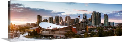 Saddledome Stadium And City Skyline At Sunset, Calgary, Alberta, Canada