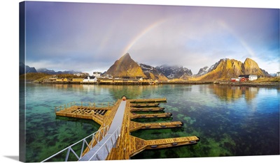 Sakrisoy With Rainbow, Moskenes, Moskenesoya, Nordland, Lofoten, Norway