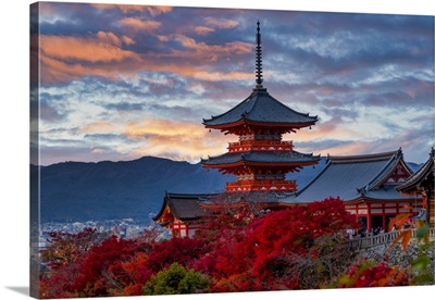Sanjunoto Pagoda Of Kiyomizu-Dera Temple At Sunset In Autumn, Higashiyama, Kyoto, Japan