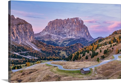 Sassolungo From Gardena Pass At Sunrise, Dolomites, Italy