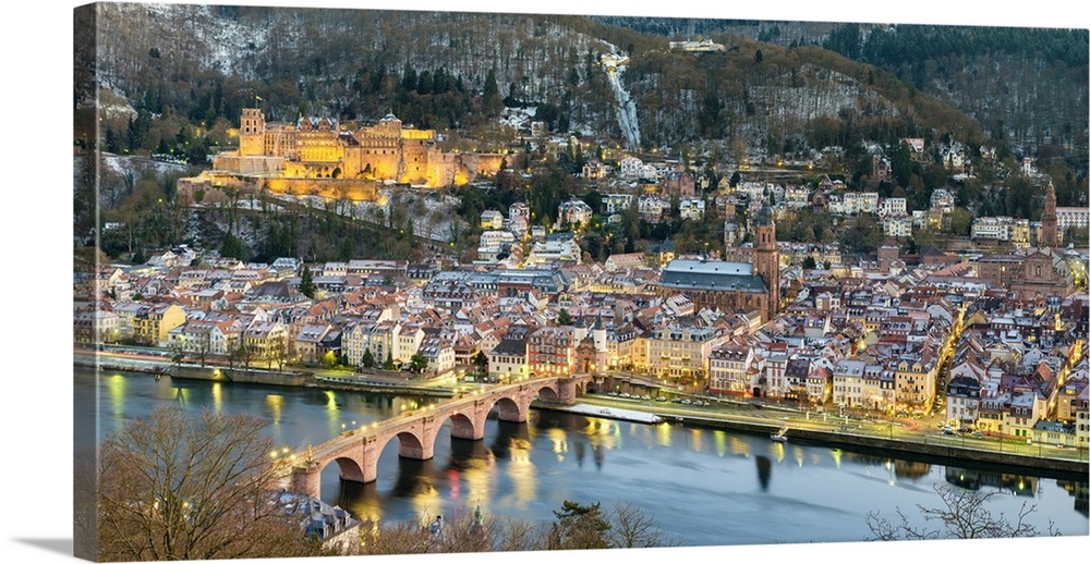Germany, Baden-Wurttemberg, Heidelberg. Schloss Heidelberg castle, Alte Brucke (old bridge), and buildings in the Altstadt...
