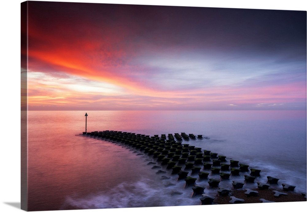 Sea Defences at Sunrise, Felixstowe, Suffolk, England.