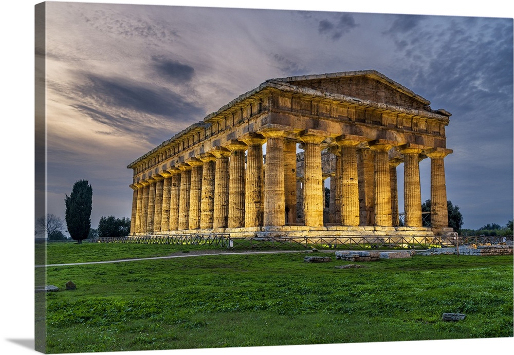 Second Temple Of Hera (Temple Of Neptune) Lit Up At Dusk , Paestum, Campania, Italy