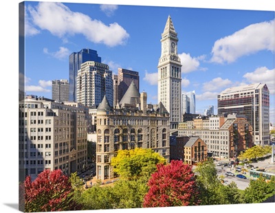 Skyline Of Custom House Clock Tower In Downtown Boston, Massachusetts, USA