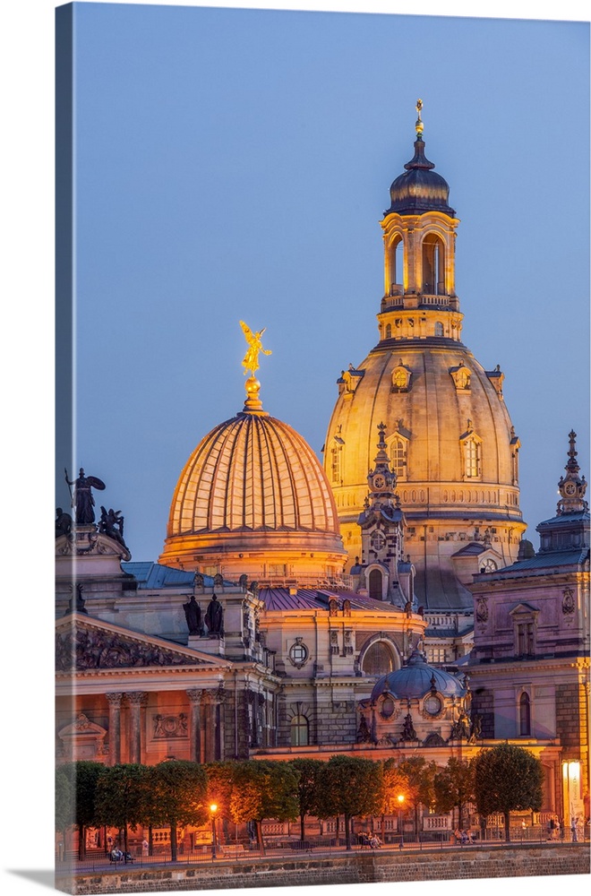 Skyline of Dresden at dusk with Bruehl's Terrace ,Academy of Fine Arts, Church of Our Lady, Dresden, Saxony, Germany.