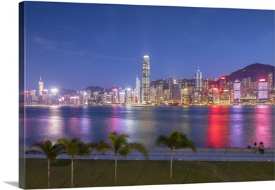 Skyline Of Hong Kong Island At Dusk From West Kowloon Art Park, Kowloon, Hong Kong