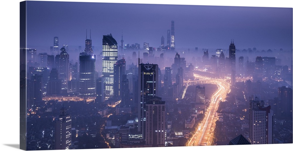 Skyline of Shanghai from Jing'An on a foggy November morning, China.