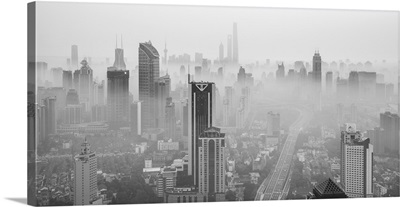 Skyline of Shanghai from Jing'An on a foggy November morning, China