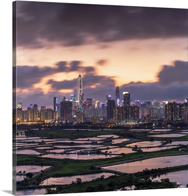 Skyline Of Shenzhen From Sheung Shui At Sunset, New Territories, Hong Kong