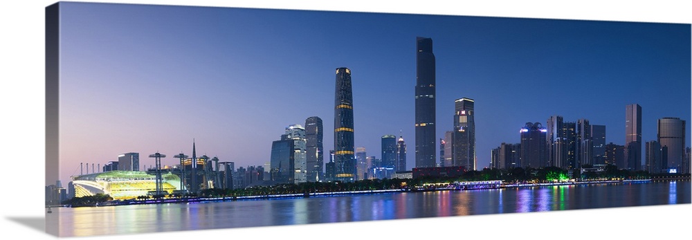 Skyline of Tianhe at dusk, Guangzhou, Guangdong, China.