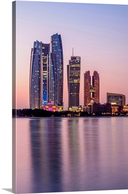 Skyline With Etihad Towers At Dawn, Abu Dhabi, United Arab Emirates