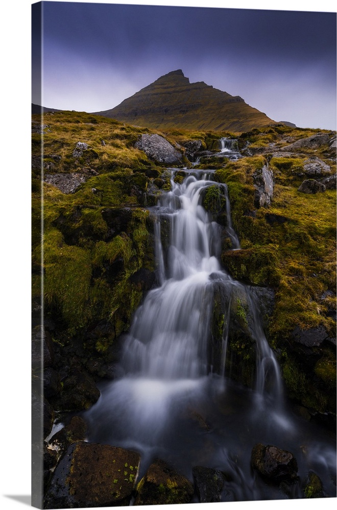 Slaettaratindur mountain and waterfall near Gjogv, Sunda municipality, Eysturoy, Faroe Islands, Denmark