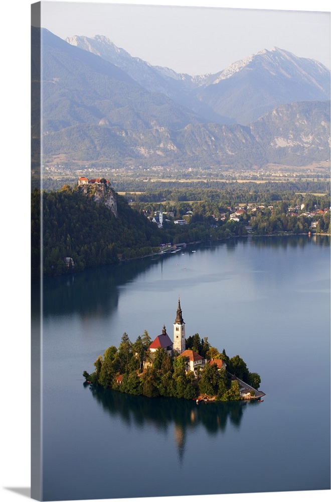 Slovenia, Julian Alps, Upper Carniola, Lake Bled. Aerial view of the island on Lake Bled.