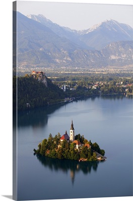 Slovenia, Julian Alps, Upper Carniola, Lake Bled, Aerial view of the island on Lake Bled