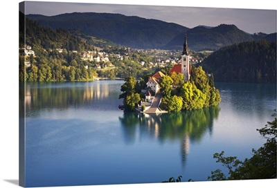 Slovenia, Reflections formed on Lak Bled from the island its church and surroundings