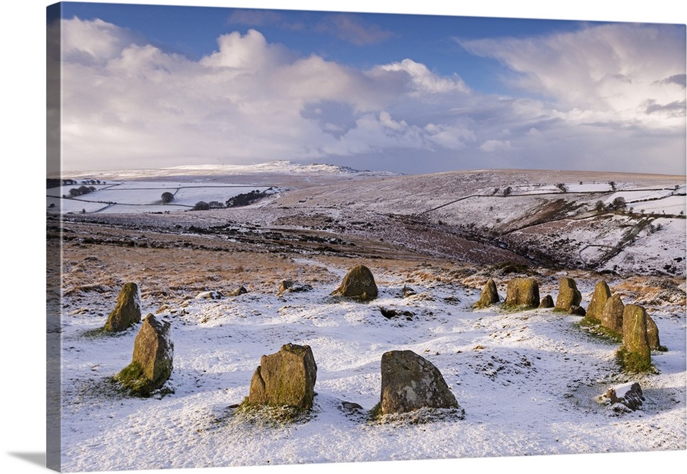 Snow covered Nine Maidens cairn circle on Belstone Common, Dartmoor, Devon, England. Winter, January, 2016.