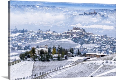 Snow On The Three Hills Of Ceretto Wine, Italy