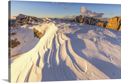 Snow waves between rocks, Mount Lagazuoi, Cortina d'Ampezzo, Veneto, Italy