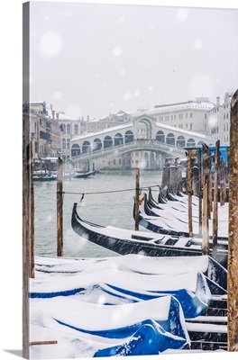 Snowfall At Rialto Bridge, Venice, Veneto, Italy.
