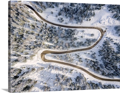 Snowy Road Aerial View, Passo Delle Erbe, Funes Valley, South Tyrol, Italy