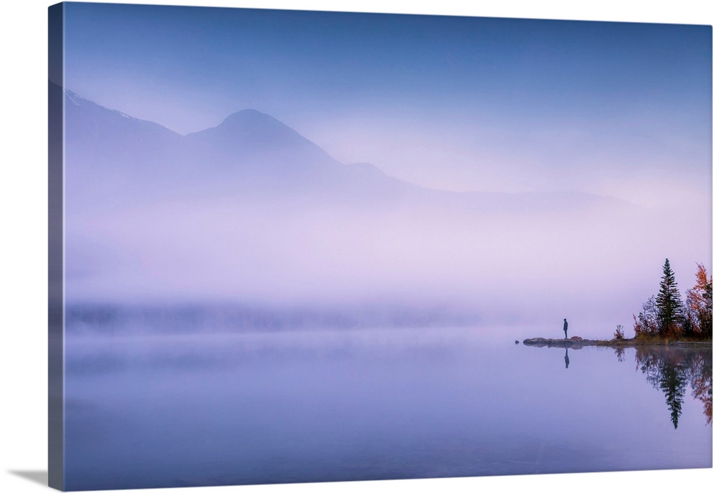 Solitary Person In Mist, Pyramid Lake, Jasper National Park, Alberta, Canada