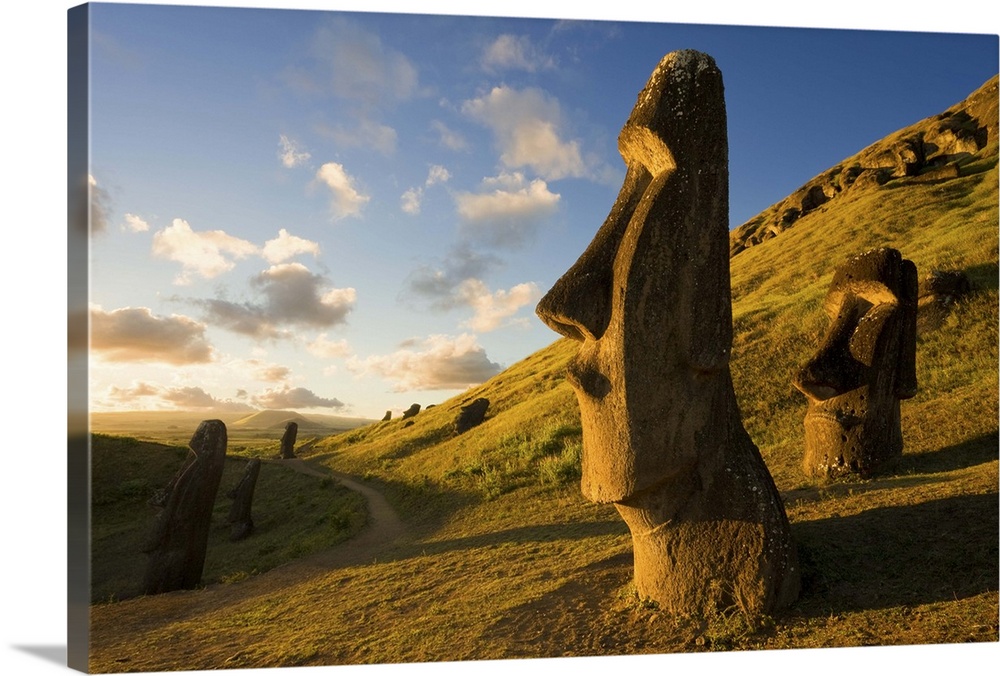 South America, Chile, Rapa Nui, Easter Island, giant monolithic stone Maoi statues at Rano Raraku