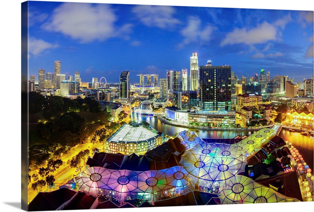 South East Asia, Singapore, Elevated view over the Entertainment district of Clarke Quay, the Singapore river and City Sky...