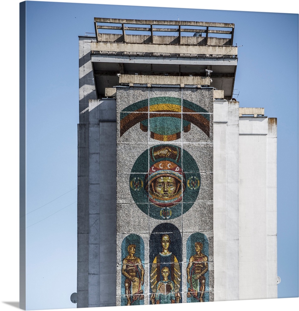 Soviet wall murals on apartment building in Minsk, Belarus.