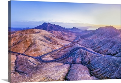 Spain, Canary Islands, Fuerteventura, Mountain Road Crossing The Volcanic Landscape